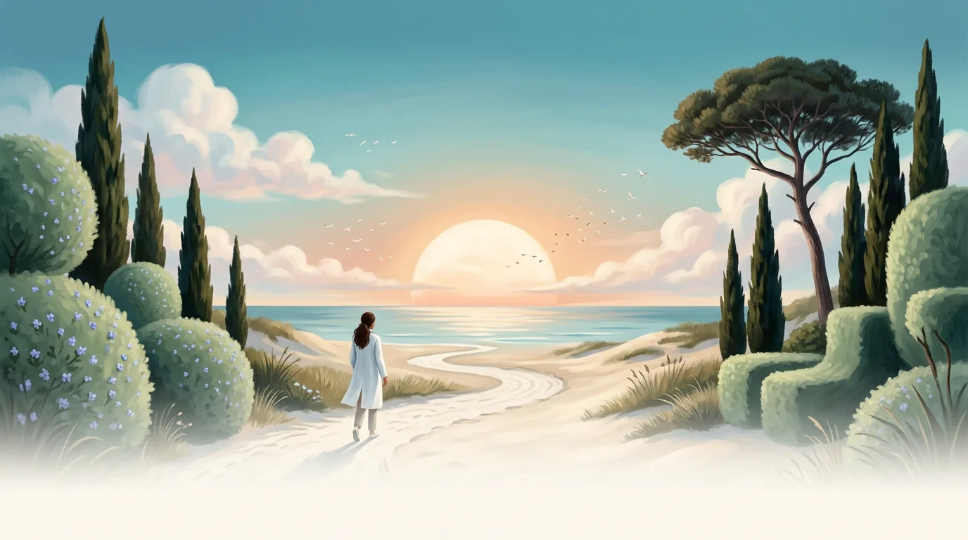 A doctor in a white coat walks a sandy path toward a sunrise over a calm sea, between sculpted hedges and cypress trees.