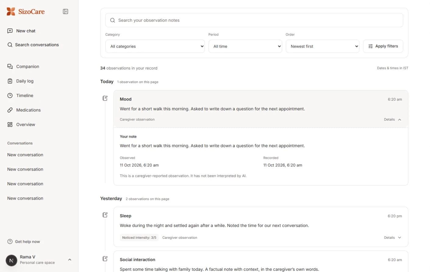 SizoCare timeline showing caregiver observations grouped by day