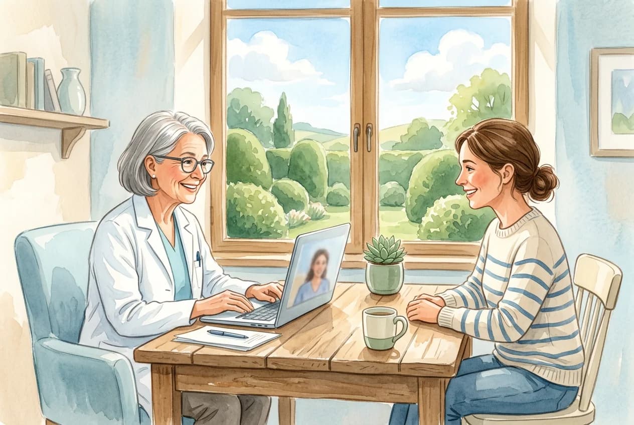 A doctor on a video call with a patient at a wooden table beside a window